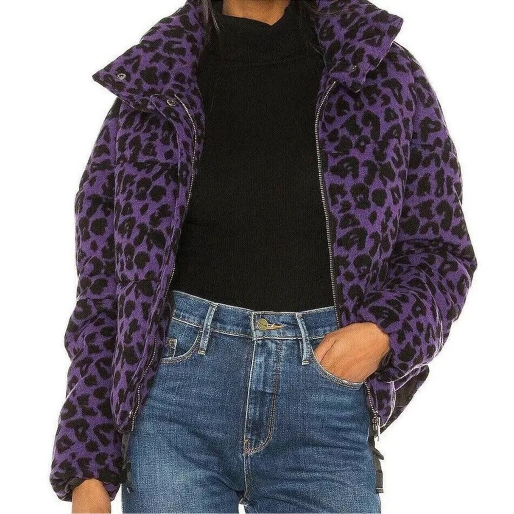 APPARIS womens size XS purple black animal print faux wool puffer jacket coat